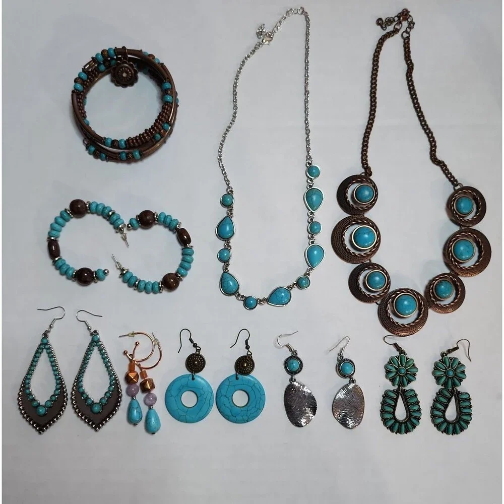 Huge 9pc Turquoise & Copper Jewelry Bundle - Western Boho Statement Set